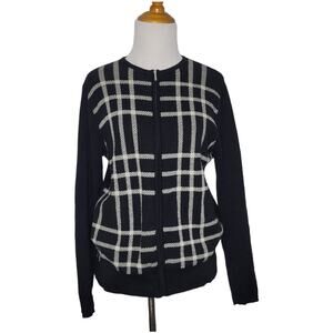 Pendleton Merino Wool Cardigan Sweater Zip Front WIndowpane Black Women Small